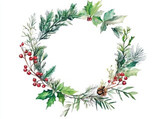 Fototapeta premium lush botanical wreath intricate arrangement of evergreen sprigs and vibrant berries. festive circular design popping against crisp white background.
