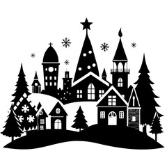 Obraz premium Christmas village tree with house and snow Black Silhouette vector illustration on white background
