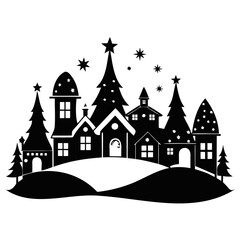 Christmas village tree with house and snow Black Silhouette vector illustration on white background