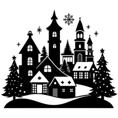 Christmas village tree with house and snow Black Silhouette vector illustration on white background