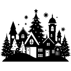 Christmas village tree with house and snow Black Silhouette vector illustration on white background