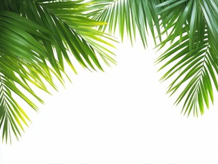 Fototapeta premium lush tropical palm leaves creating natural border, fresh green fronds overlapping on white background, exotic botanical design element
