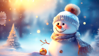 Obraz premium Süsser Schneemann in Winterlandschaft 