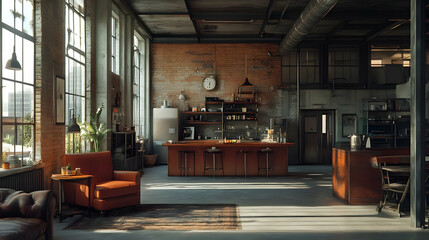Industrial Loft Interior Design with Brick Wall and Large Windows 3D Illustration