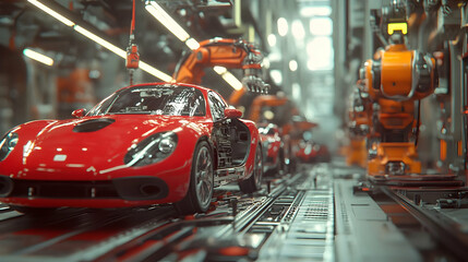 Fototapeta premium Red Sports Car Assembly Line Illustration