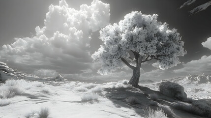 Black and White Tree Landscape Illustration