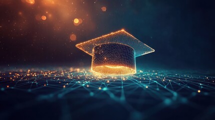 A glowing graduation cap symbolizes education and achievement in a digital landscape.