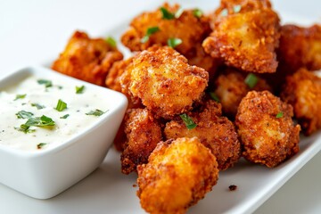 Fototapeta premium Close-up of fried popcorn chicken on a clean white background, perfectly crispy, golden-brown, with light seasoning and crunchy coating, each piece distinct