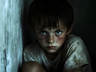A child with a bruised face, sitting in the corner of a room, symbolizing physical abuse, on a darkened room background
