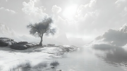 Lonely Tree in a Monochromatic Landscape 3D Illustration