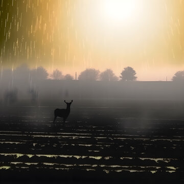 Hirschsilhouette im Regen bei Sonnenuntergang - KI generiert