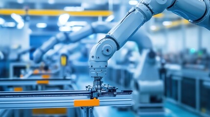 A robotic arm in a factory setting, used for automation and assembly tasks.