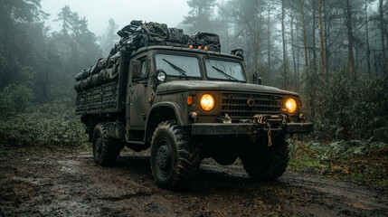 An army truck parked in a field, fully loaded with equipment, surrounded by a dense forest, highlighting its role in tactical and off-road operations