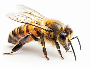 macro shot of a honeybee with intricate wing and body details. golden-hued fur, compound eyes, and delicate antennae highlighted against a pure white background.