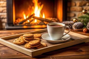 Warm coffee or tea and cookies by fireplace