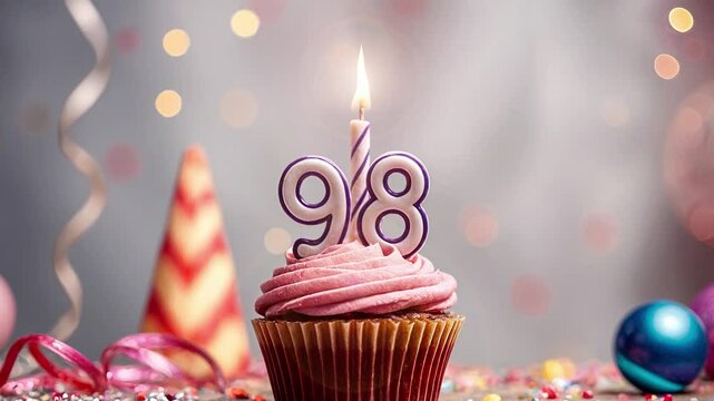 Birthday cupcake with burning lit candle with number 98. Number ninety-eight for ninety-eight years or ninety-eighth anniversary.