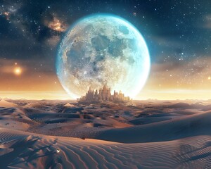 Moonlit Desert Planet with Glowing Ancient Ruins and Shifting Dunes