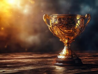 majestic golden trophy on rustic wooden table, dramatic lighting, victorious atmosphere