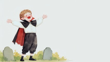 Vampire child in black and red vampire uniform, playing hide and seek in a gothic graveyard, spooky but fun, Watercolor