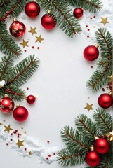 Christmas wreath, red baubles, pine branches, gold stars, snow, festive holiday decor, white background, elegant composition.
