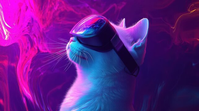 surreal feline vr experience white cat wearing futuristic headset, psychedelic background, vibrant colors, dreamlike quality, digital art style, purple accent lighting