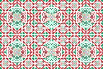 The design of the pattern imitates the ethnic embroidery of the Hmong tribe. It has a unique pattern in green and red tones for use in designing clothes, blankets, wallpaper, and tiles.