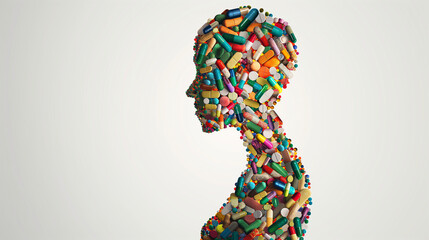 Artistic silhouette formed from colorful pills and capsules, symbolizing the impact of medicine on health and well-being
