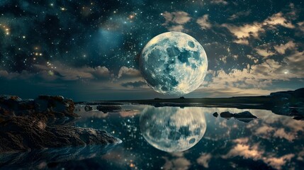 Moonlit Mirrored Cosmos Reflective Celestial Scene on Tranquil Lake