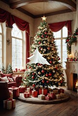 Christmas background with christmas tree and vintage style decors christmas background Ultra realistic Photorealistic picturesque scenery