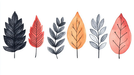 Fototapeta premium Watercolor illustration of six leaves in various colors.