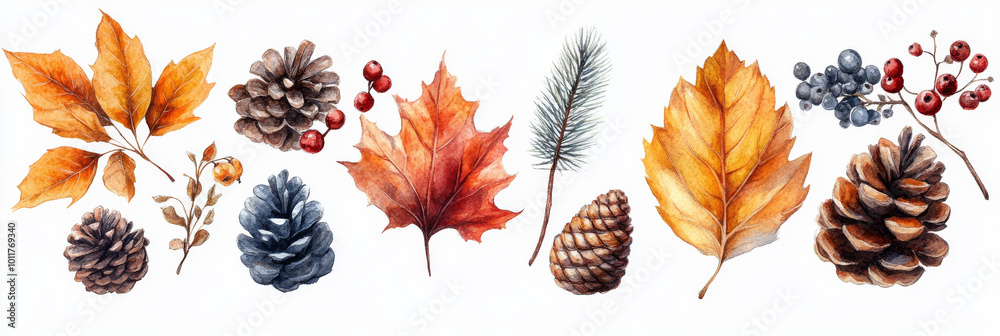 Canvas Prints Watercolor autumn leaves, berries, and pine cones.