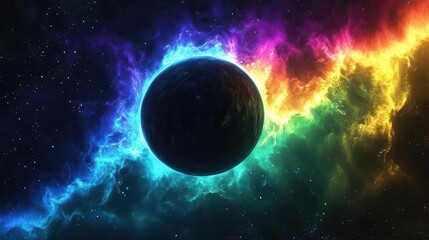Obraz premium surreal solar eclipse in cosmic dreamscape. neon blue, yellow, green, and purple light blazes around a dark planet, casting otherworldly shadows across a star-studded sky.