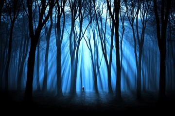 Obraz premium A dark, fog-filled forest with a figure wandering aimlessly, symbolizing the search for meaning in a world where nihilism suggests none exists