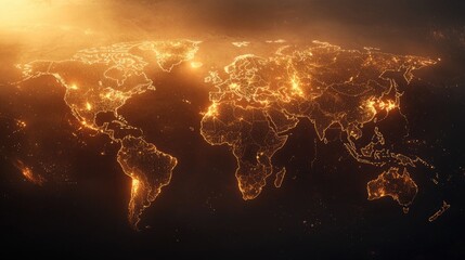 A glowing world map at night, showcasing cities illuminated by lights, depicting a beautiful view of Earth from space.