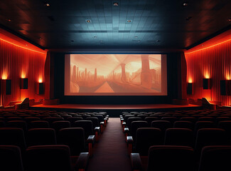 Fototapeta premium Cinema theater with movie scene on wide screen and empty chairs in the cinema hall