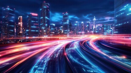 Fototapeta premium surreal urban highway, light trails forming dna helix, skyscrapers morphing into circuit boards, digital transportation evolution