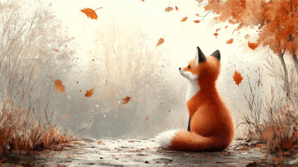 A cute fox sits in the autumn forest, watching leaves fall.