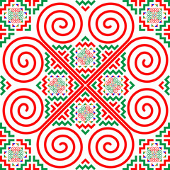 The design of the pattern imitates the ethnic embroidery of the Hmong tribe. It has a unique pattern in green and red tones for use in designing clothes, blankets, wallpaper, and tiles.