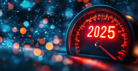 Futuristic speedometer with glowing red numbers displaying the year 2025, symbolizing progress and acceleration towards the future