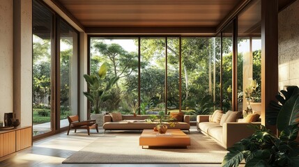Fototapeta premium sustainable mid-century modern interior featuring natural wood, lush plants, and expansive windows. harmonious blend of retro and eco-friendly design elements create an inviting living space.