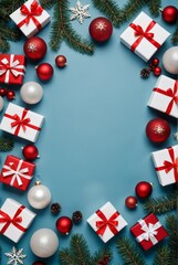 Christmas holiday theme, gift boxes with red ribbons, red and white ornaments, pine branches, festive decoration, flat lay, blue background, winter celebration, elegant and cheerful atmosphere, top vi