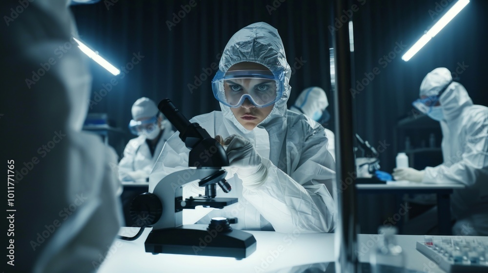 Poster a group of scientists are working in a lab