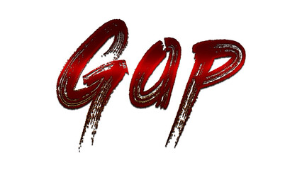 3D blood red word design of Gap on white background.	