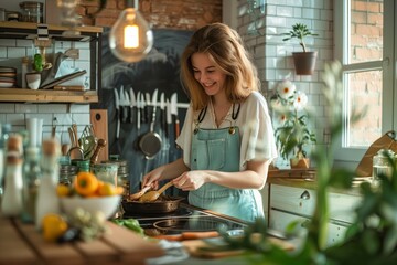Smiling woman cooks at the kitchen. AI generative