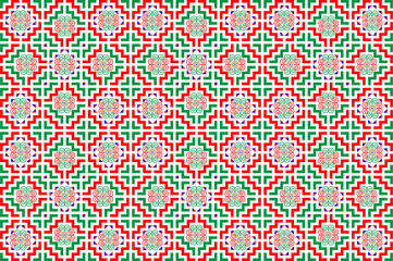 Fototapeta premium The design of the pattern imitates the ethnic embroidery of the Hmong tribe. It has a unique pattern in green and red tones for use in designing clothes, blankets, wallpaper, and tiles.