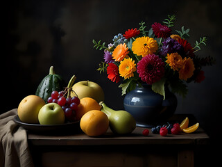 A bright Dutch still life with a bouquet of flowers and an assortment of fresh fruit beautifully arranged on a rustic wooden table. © CorelZavr