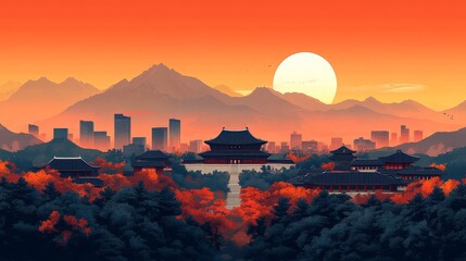 Fototapeta premium Korean traditional architecture framed by autumn leaves against a backdrop of the cityscape