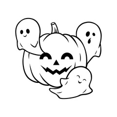 halloween coloring page with pumpkin and ghosts in cartoon style, isolated vector illustration, black silhouette on white background,template for coloring or activity books for children