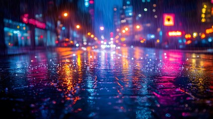 Obraz premium Rainy ight in the city, wet streets, gorgeous holiday lights, blurred neon colors. 