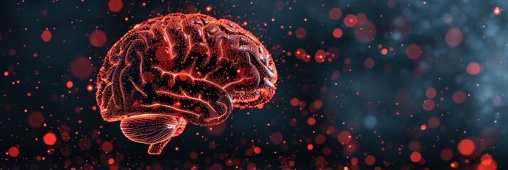 3D digital rendering of a human brain highlighting illuminated neural pathways, surrounded by glowing red particles, symbolizing neural activity and brain function.